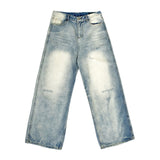 90s fashion men Whoami Light Blue Washed Distressed Loose Jeans with Broken Trousers Design Wide Leg Trousers