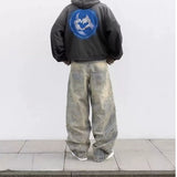 90s streetwear American Retro High Street Niche Loose Straight Wide-Leg Pants Distressed Heavy Work Mud Dyed Ripped Jeans Men's Washed