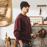 men’s fashion Jereno American 360G Vintage Sweater Men's Loose Autumn Purplish Red Long Sleeve T-shirt Men's Top