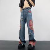 90s streetwear Street Sunset Lace Stitching Jeans Men's Hip Hop Hiphop Niche Versatile Loose Straight Mop Pants