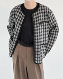 Coverwin 2024 New Fashion Men Spring outfit  No. 5300 KNITTED TWEED PLAID COLLARLESS BUTTON-UP JK