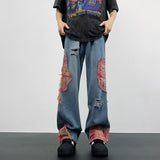 90s streetwear Street Sunset Lace Stitching Jeans Men's Hip Hop Hiphop Niche Versatile Loose Straight Mop Pants