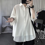 Coverwin Summer Short Sleeved Shirt Men Fashion Black White Shirt Men Oversized Streetwear Korean Loose Casual Shirt Mens Ice Silk Shirts