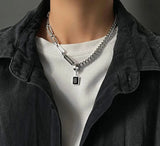 Coverwin Black Square Pendant Necklace For Men Women Trend Titanium Steel Detachable Earring Collar Chain Kpop Jewelry Unisex Accessories