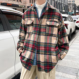 Coverwin Thick Plaid Woolen Coat Men Warm Oversized Retro Thickened Woolen Jacket Mens Streetwear Korean Loose Short Woolen Coat Men