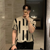 Coverwin Summer Men's Clothing Luxury O Neck Knitted T Shirt Retro Geometric Short-sleeved Korean Popular Knitwear Leisure Basic Shirt