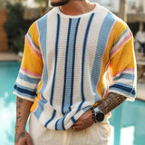 Coverwin Men Sweater Striped Print Round Neck Knitted Half Sleeve Color Matching Loose Pullover Elastic Anti-shrink Summer Fall Spring