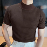 Coverwin High Collar Short Sleeve Men T-shirt Wave Texture Elastic Thin Summer Casual Solid Color Bottoming Knitting Tops Soft Streetwear