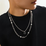 Coverwin  Stainless Steel 2pcs/set Imitation Pearl Black Square Pendant Necklace for Men Punk Silver Color BOX Link Chain Choker