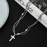 Coverwin Titanium Steel Double Layered Cross Necklace For Men Women Trend Hip Hop Charm Pendant Sweater Chain Fashion Charm Male Jewelry