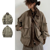 Coverwin Bomber Jacket Men Vintage Multi-pocket Loose Safari Coat Harajuku Lapels Oversize Cargo Jackets Spring Autumn Unisex Casual Coat