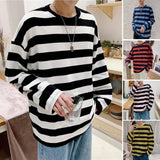 Coverwin Men's Striped Sweatshirt Crew Neck Long Sleeve Loose Fit Fashion Top Korean Style Contrast Striped Crewneck Top Men Accessories