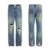 Coverwin Green Painted Hole Washed Blue Baggy Jeans Mens Streetwear Distressed Casual Loose Denim Trousers Ropa Hombre Frayed Cargo Pants