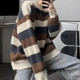 Coverwin Fall Winter Men Sweater Striped Colorblock Knitted Thick Loose Warm O Neck Long Sleeve Soft Pullover Elastic Sweater Knitwear