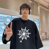 Coverwin Harajuku Men Oversized Tee Shirts Spider Web Printed Summer Short Sleeve All-match T-Shirts Men's Korean Loose Cotton Tops 5XL-S