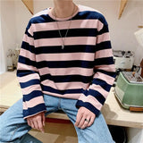 Coverwin Men's Striped Sweatshirt Crew Neck Long Sleeve Loose Fit Fashion Top Korean Style Contrast Striped Crewneck Top Men Accessories