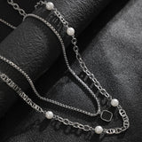 Coverwin  Stainless Steel 2pcs/set Imitation Pearl Black Square Pendant Necklace for Men Punk Silver Color BOX Link Chain Choker