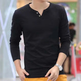 Coverwin Fall Spring Men Top V Neck Long Sleeve Slim Fit Soft Pullover Mid Length Button Decor Simple Style Thin Elastic Men T-shirt