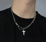 Coverwin Titanium Steel Double Layered Cross Necklace For Men Women Trend Hip Hop Charm Pendant Sweater Chain Fashion Charm Male Jewelry