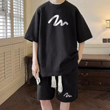 Coverwin 2Pcs/Set Men Summer Outfit O-neck Short Sleeve T-shirt Elastic Drawstring Waist Wide Leg Shorts Set Printing Activewear Tops Tee