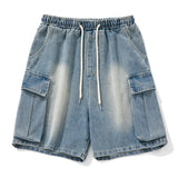 Coverwin Washed Denim Shorts for Mans Fashion 2024 Summer New Mens Cargo Shorts Japan Casual Drawstring Quarter Pants