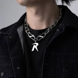 Coverwin Personality Punk Hip Hop Trend Necklace Adult Unisex Chain Choker Y2K Fashion Gothic Letter R Pendant Jewelry Accessories Prop