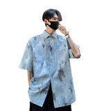 Coverwin  Jacquard Weaving Mens Ink Wash Shirts Vintage Casual Baggy Blouse Male 2024 Summer New Daily Fashion Streetwear