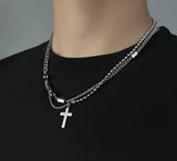 Coverwin Titanium Steel Double Layered Cross Necklace For Men Women Trend Hip Hop Charm Pendant Sweater Chain Fashion Charm Male Jewelry