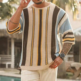 Coverwin Men Sweater Striped Print Round Neck Knitted Half Sleeve Color Matching Loose Pullover Elastic Anti-shrink Summer Fall Spring