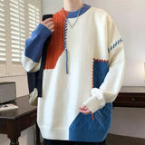 Coverwin Winter Fall Men Sweater Knitted Thick Warm Loose Crew Neck Contrast Color Patchwork Mid Length Long Sleeve Men Pullover Sweater
