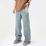 Coverwin  American Vintage Male Jeans Pants 2024 New Summer Pocket Piecing Washed Jeans Mens Casual Wide Leg Jeans Man