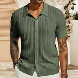 Coverwin Summer Men Shirt Lapel Single-breasted Short Sleeves Breathable Cardigan Hollow Out Knitted Mid Length Vacation Male Beach Top