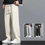 Coverwin Men Pants Drawstring Elastic Waist Loose Fit Long Trousers Streetwear Straight Wide Leg Pants Sports Long Pants Male Garment