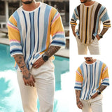 Coverwin Men Sweater Striped Print Round Neck Knitted Half Sleeve Color Matching Loose Pullover Elastic Anti-shrink Summer Fall Spring