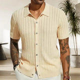 Coverwin Summer Men Shirt Lapel Single-breasted Short Sleeves Breathable Cardigan Hollow Out Knitted Mid Length Vacation Male Beach Top