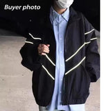 Coverwin Hip Hop Varsity Jacket Men Women Reflective Stripes Thin Loose Windbreaker Street Oversize Stand-up Collar Zip-up Jacket Unisex
