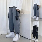 Coverwin Men Cargo Pants Ribbon Multi Pockets Elastic Waist Loose Streetwear Drawstring Baggy Trousers Harajuku Denim Jeans For Outdoor