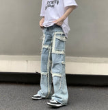 Coverwin American Style Trendy Brand Men's Women's High Street Fashion Holed Out Seam Jeans Wide Leg Loose Fit Straight Pants