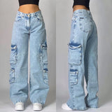 Coverwin American New Heavy Blue Washed Baggy Jeans Y2K Street Vintage Harajuku Fashion Gothic High Waist Casual Wide-leg Pants Trousers