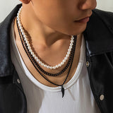 Coverwin  Hip Hop Black Chain Pendant Choker Imitation Pearl Necklace for Men Punk Jewelry Rapper Collar On The Neck Street Club