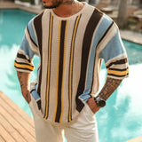 Coverwin Men Sweater Striped Print Round Neck Knitted Half Sleeve Color Matching Loose Pullover Elastic Anti-shrink Summer Fall Spring