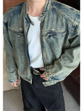 Coverwin Men's Denim Jackets American-style High Street Zippers Coat Vintage Washed Distressed Cowboy Jacket Spring Casual Streetwear New