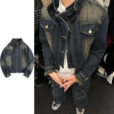 Coverwin Cropped Denim Jacket Men Women Washed Stand-up Collar Locomotive Cowboy Coat High Street Baggy Couples Casual Tops Spring Unisex