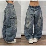 Coverwin American New Heavy Blue Washed Baggy Jeans Y2K Street Vintage Harajuku Fashion Gothic High Waist Casual Wide-leg Pants Trousers