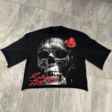 Coverwin Cotton skull print black short-sleeved T-shirts men 2024 summer comfortable versatile American retro gothic basketball y2k tops