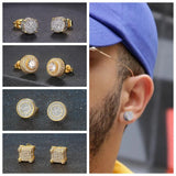 Coverwin Luxury Shiny Hip Hop Rock  Iced Out Stud Earrings for Men Male Zircon Gold Color Piercing Ear Accessories New Trend Jewelry