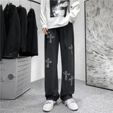 Coverwin Trendy Cross-stitched Denim Jeans For Men Autumn/winter Loose-fit Straight-leg Student Style Long Pants