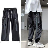 Coverwin Men Cargo Pants Ribbon Multi Pockets Elastic Waist Loose Streetwear Drawstring Baggy Trousers Harajuku Denim Jeans For Outdoor