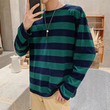 Coverwin Men's Striped Sweatshirt Crew Neck Long Sleeve Loose Fit Fashion Top Korean Style Contrast Striped Crewneck Top Men Accessories