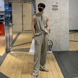 Coverwin 2024 Fashion Men Tank Tops Tshirt Sets Tracksuit Sportswear Solid Stripe Drape Vest+Trousers 2 Piece Streetwear Suit Male